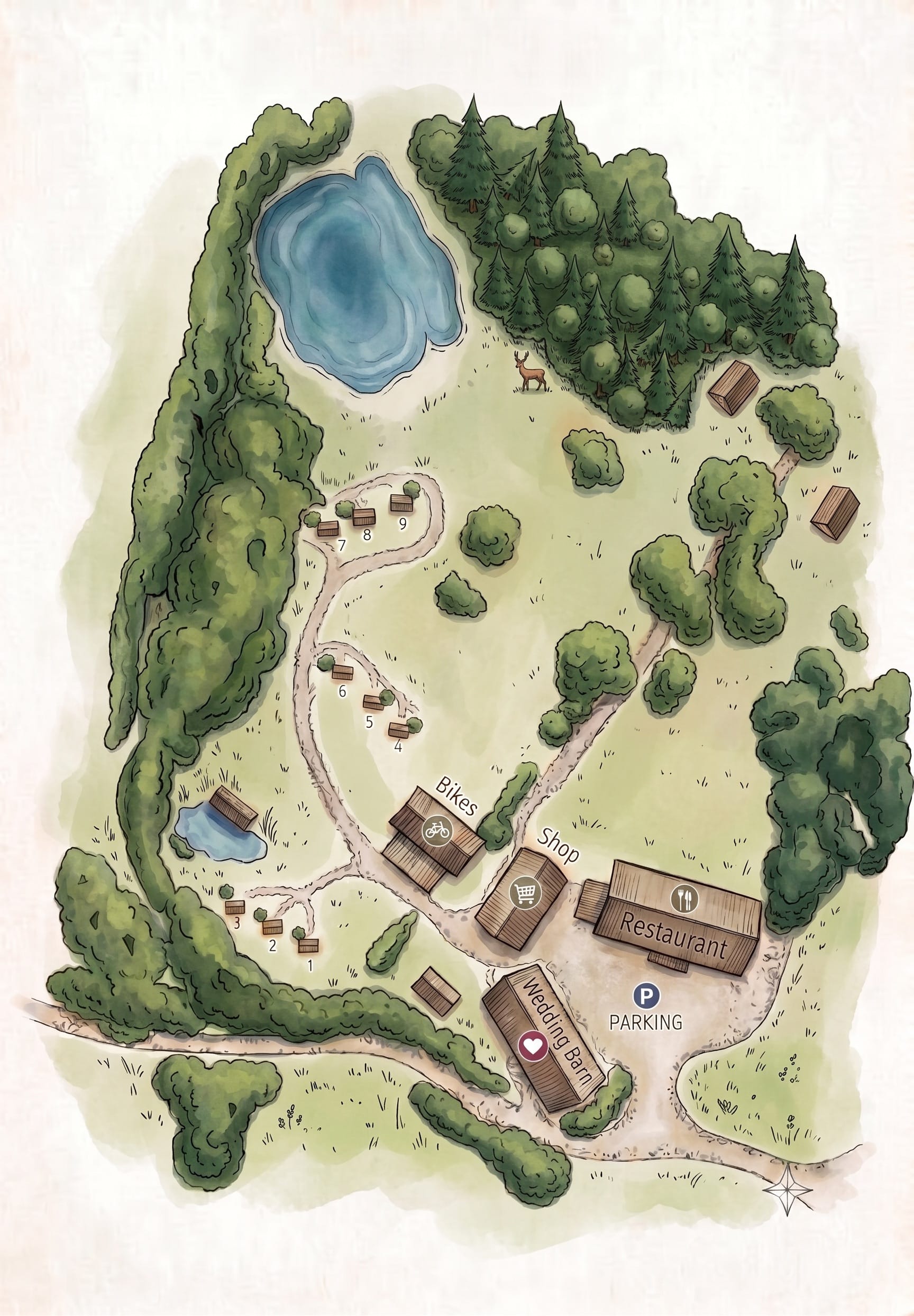 Illustrierte Übersichtskarte des Walden Village mit Cabins, Teich und Wegen