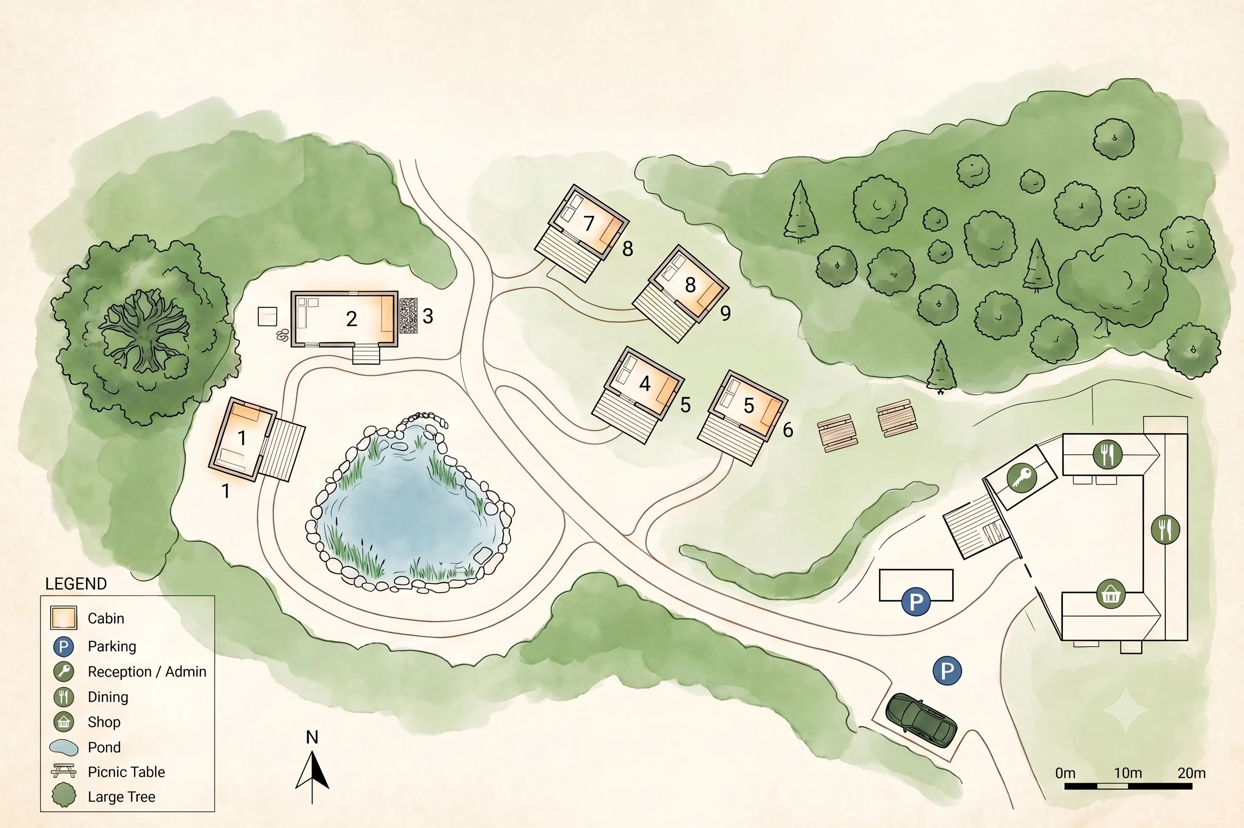Geländeplan Waldn Village — neun Cabins rund um den Teich, dazu Rezeption, Restaurant, Hofladen und Parkplätze